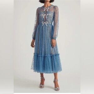 SALONI Blue Sheer Lace Midi Dress with Bow Details